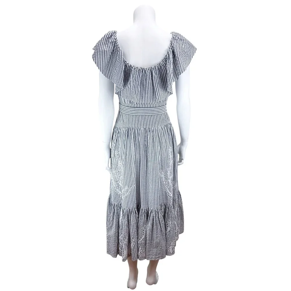 Tory Burch Women's Eyelet Striped Seersucker Midi Dress Blue White Size 2